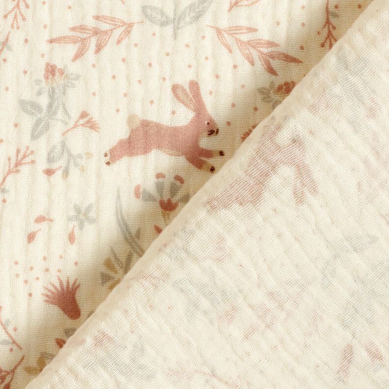 mussolina / tessuto doppio increspato Uccello e coniglio nel giardino fiorito – bianco lana,  image number 4