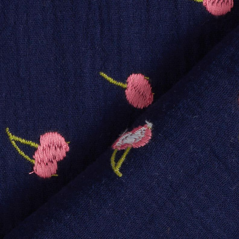 mussolina / tessuto doppio increspato Ciliegie ricamate | Poppy Fabrics – blu notte/rosa,  image number 4