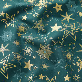 tessuto in cotone popeline Grandi stelle – abete blu/oro, 