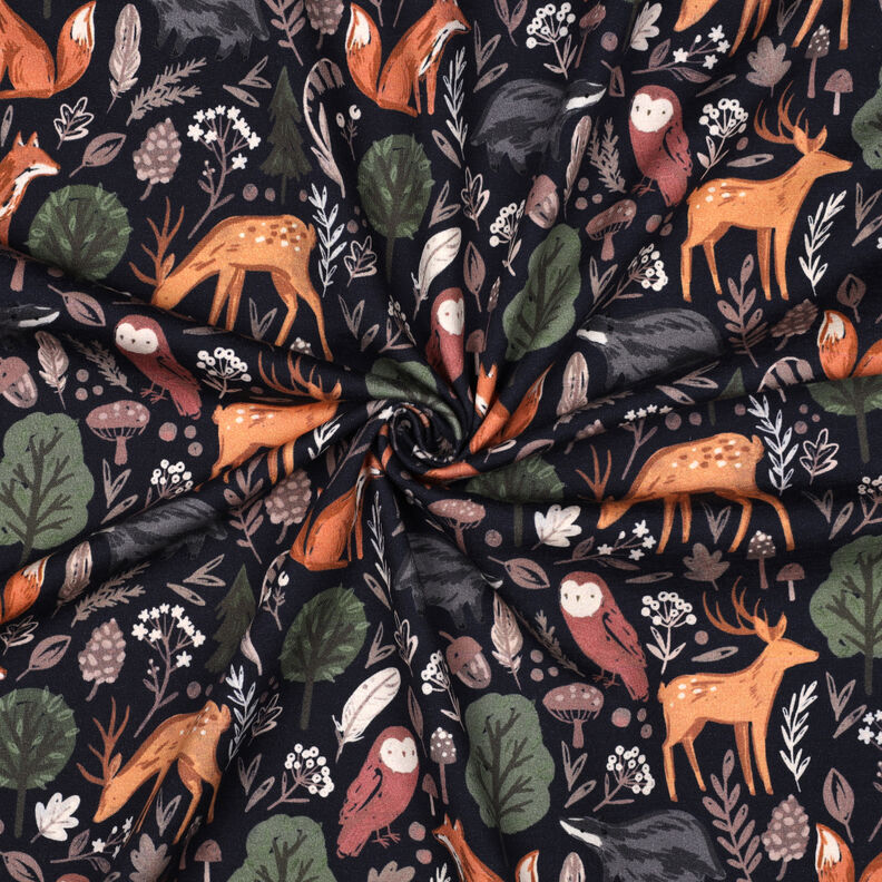 felpa garzata animali nella foresta stampa digitale | Poppy Fabrics – blu notte, image number 3