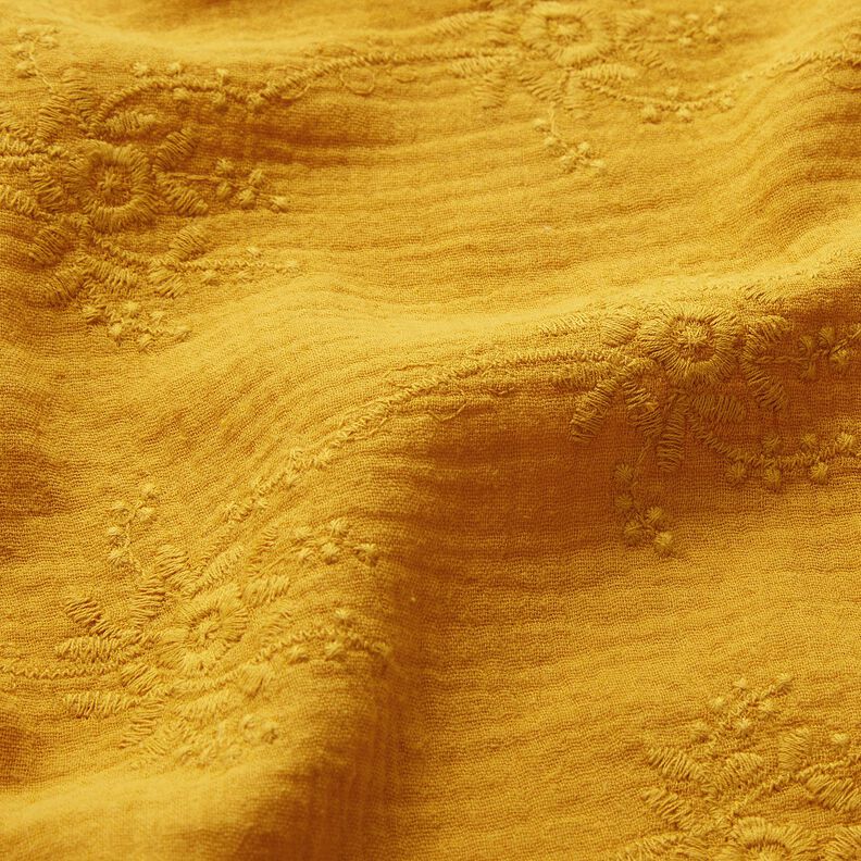 mussolina / tessuto doppio increspato Tralci di fiori tono su tono – giallo curry,  image number 2
