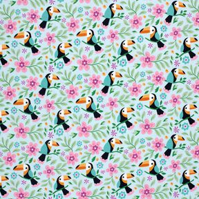 jersey di cotone Tucani in una giungla di fiori – azzurro baby/arancione, 