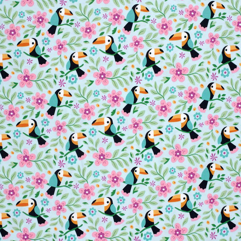 jersey di cotone Tucani in una giungla di fiori – azzurro baby/arancione,  image number 1