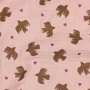 GOTS mussolina / tessuto doppio increspato Uccelli e cuori | Poppy Fabrics – rosa anticato, 
