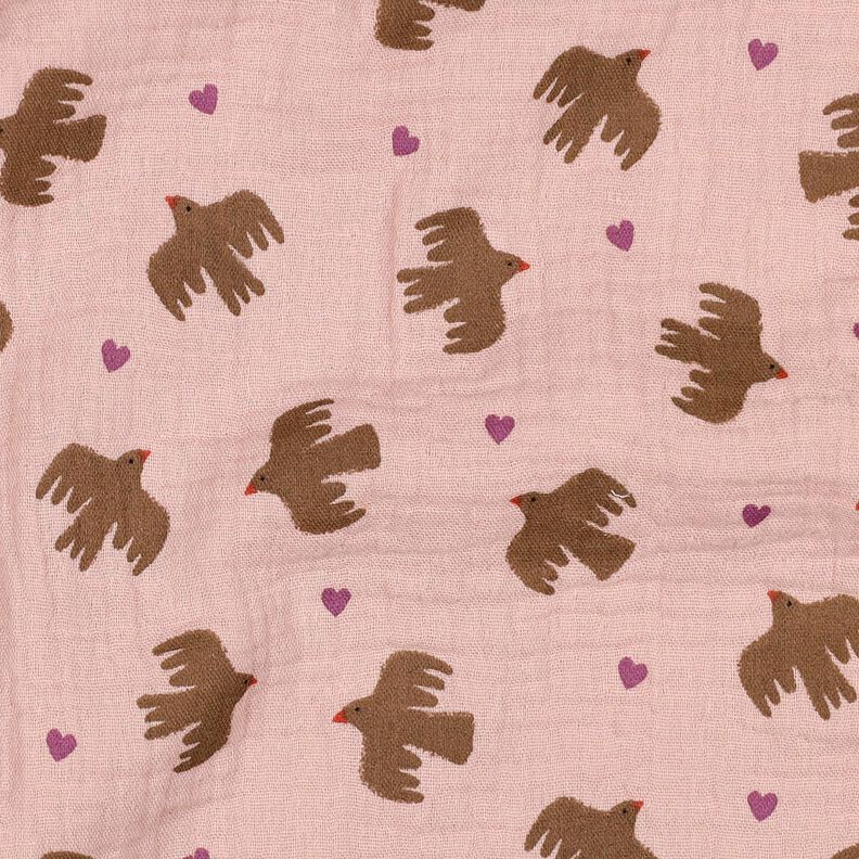 GOTS mussolina / tessuto doppio increspato Uccelli e cuori | Poppy Fabrics – rosa anticato, image number 3