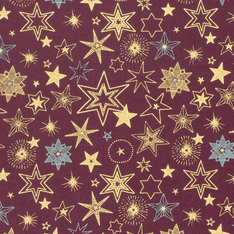 tessuto in cotone popeline Grandi stelle – rosso merlot/oro, image number 1