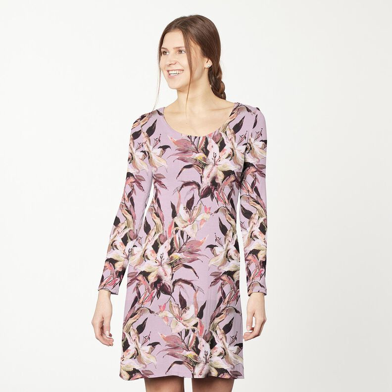 jersey di cotone Stampa digitale di grandi gigli &ndash; violetto pastello/greige,  image number 5