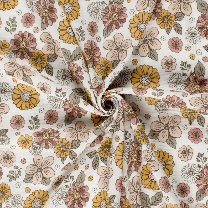 mussolina / tessuto doppio increspato Fiori retró – bianco, image number 3
