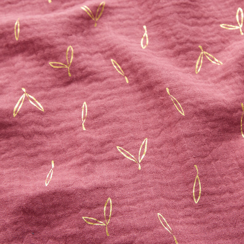 mussolina / tessuto doppio increspato stampa laminata Foglie – lampone/oro,  image number 2