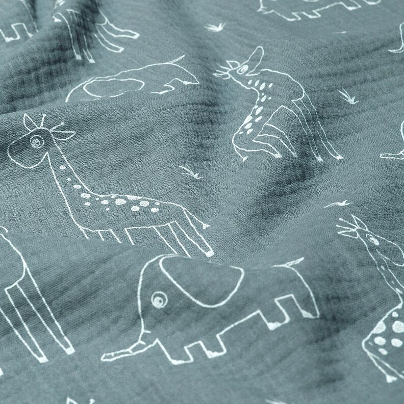 mussolina / tessuto doppio increspato Grandi giraffe ed elefanti – blu colomba,  image number 2