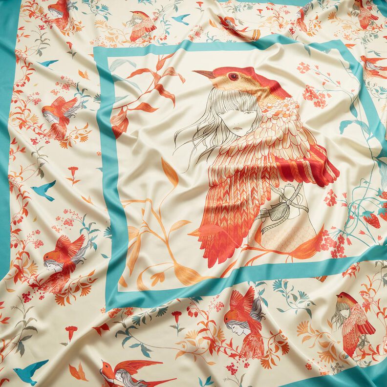 Taglio di tessuto in satin con uccelli e fate | Katia Fabrics – azzurro/crema,  image number 2