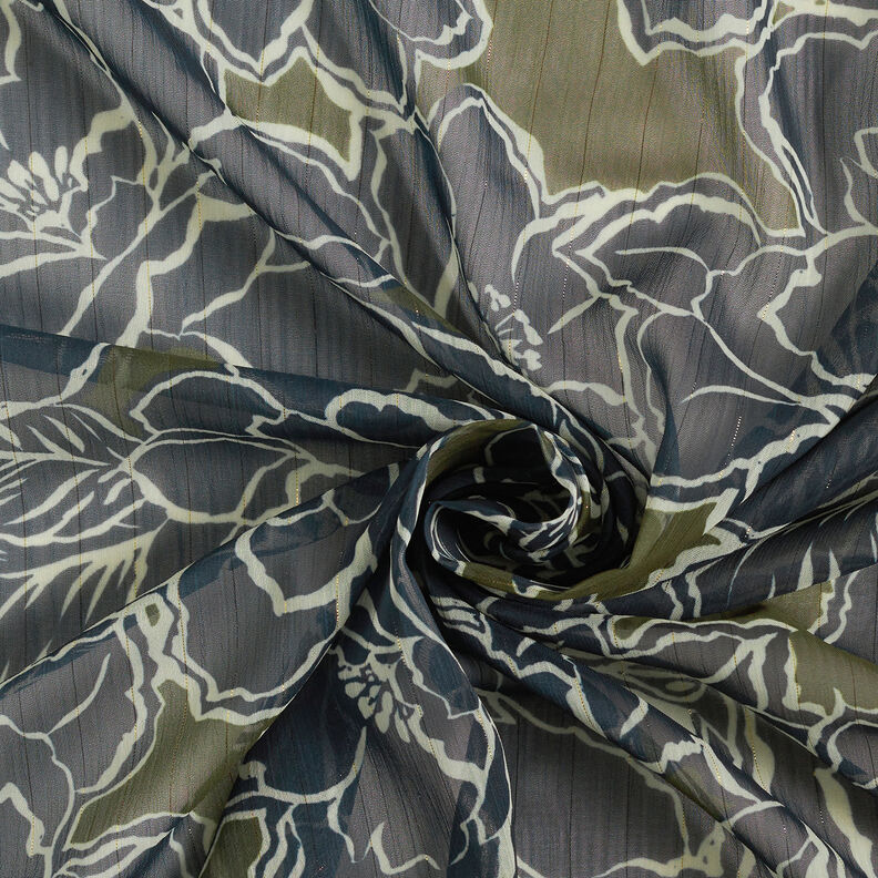 Chiffon increspato con fiori grandi – blu marino/cachi, image number 4