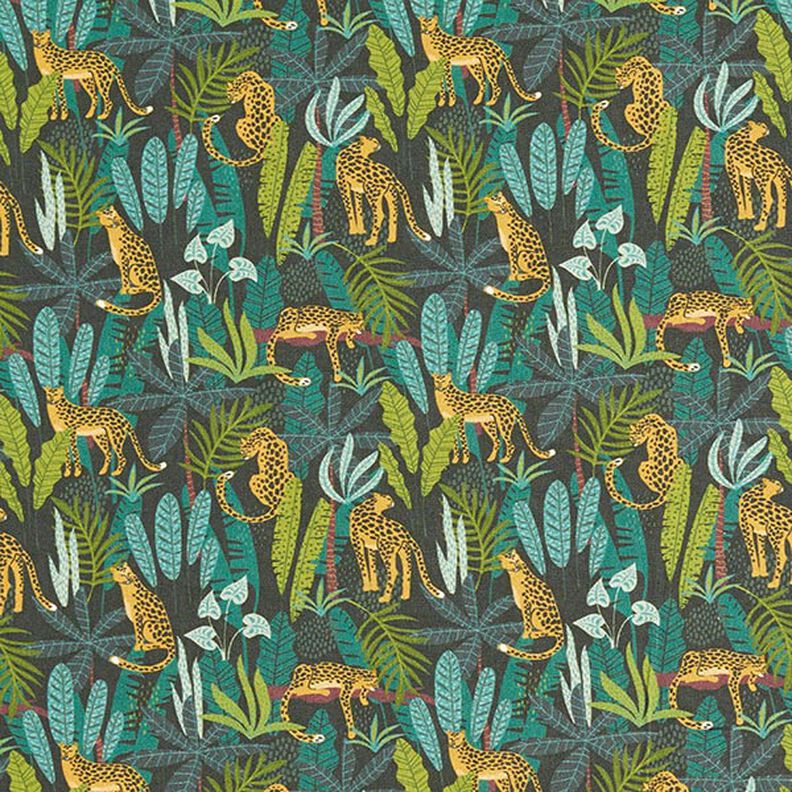 tessuto arredo popeline di cotone leopardi nella giungla – verde/giallo,  image number 1