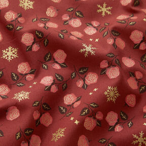 tessuto in cotone popeline Rose classiche – rosso scuro/oro, 
