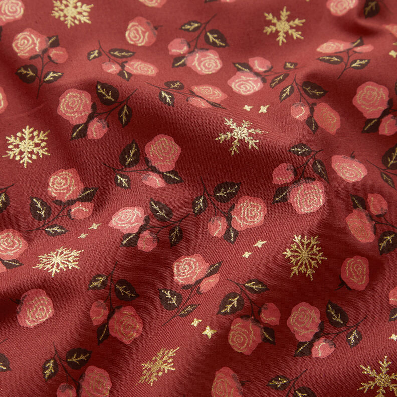 tessuto in cotone popeline Rose classiche – rosso scuro/oro,  image number 2