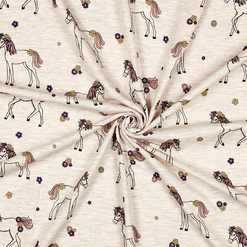 jersey di cotone cavallo e fiori glitterati | Poppy Fabrics – naturale/oro,  image number 3