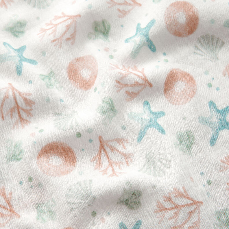 mussolina / tessuto doppio increspato Stelle marine   Conchiglie    Alghe stampa digitale – bianco,  image number 2