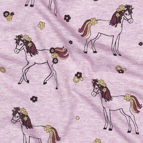 jersey di cotone cavallo e fiori glitterati | Poppy Fabrics – violetto pastello/oro, 