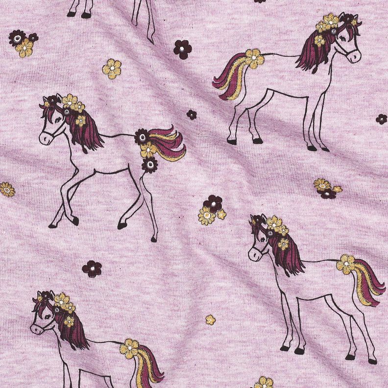 jersey di cotone cavallo e fiori glitterati | Poppy Fabrics – violetto pastello/oro, image number 2