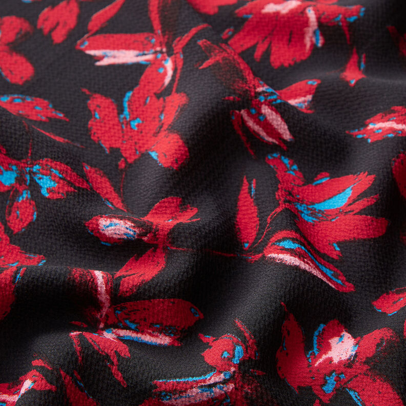 Chiffon increspato con fiori astratti – blu marino/rosso carminio,  image number 2
