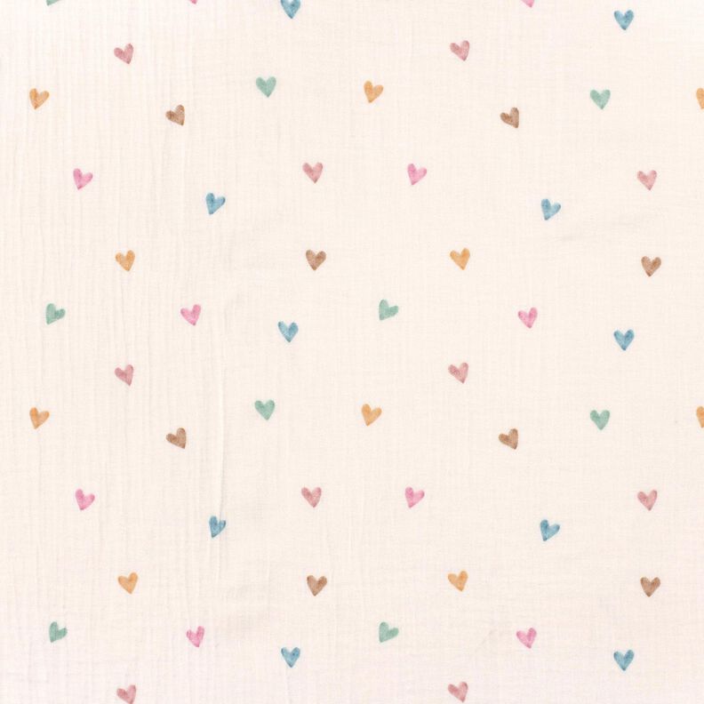 mussolina / tessuto doppio increspato Cuori variopinti stampa digitale – bianco,  image number 1