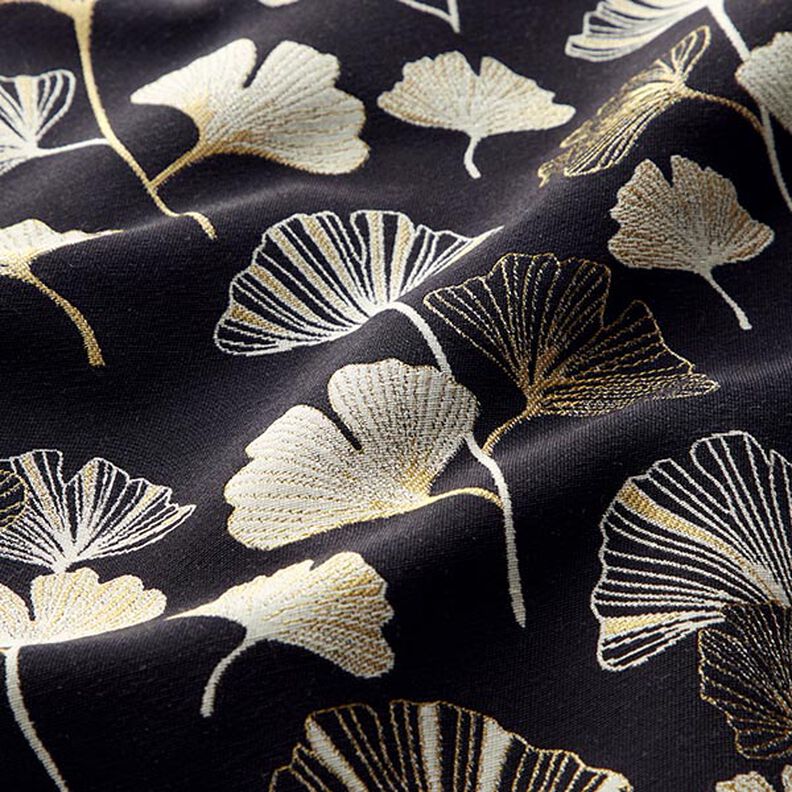 tessuto arredo Jacquard foglie di ginkgo – nero/oro,  image number 2