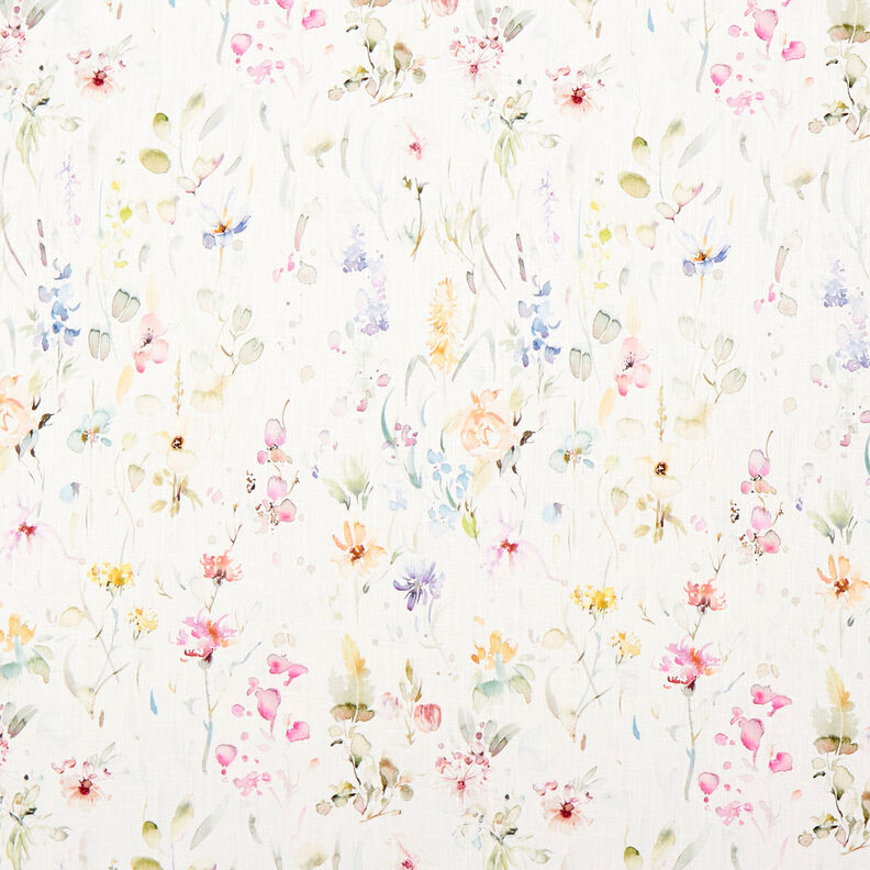Misto lino-cotone con fiori acquarellati – bianco,  image number 1