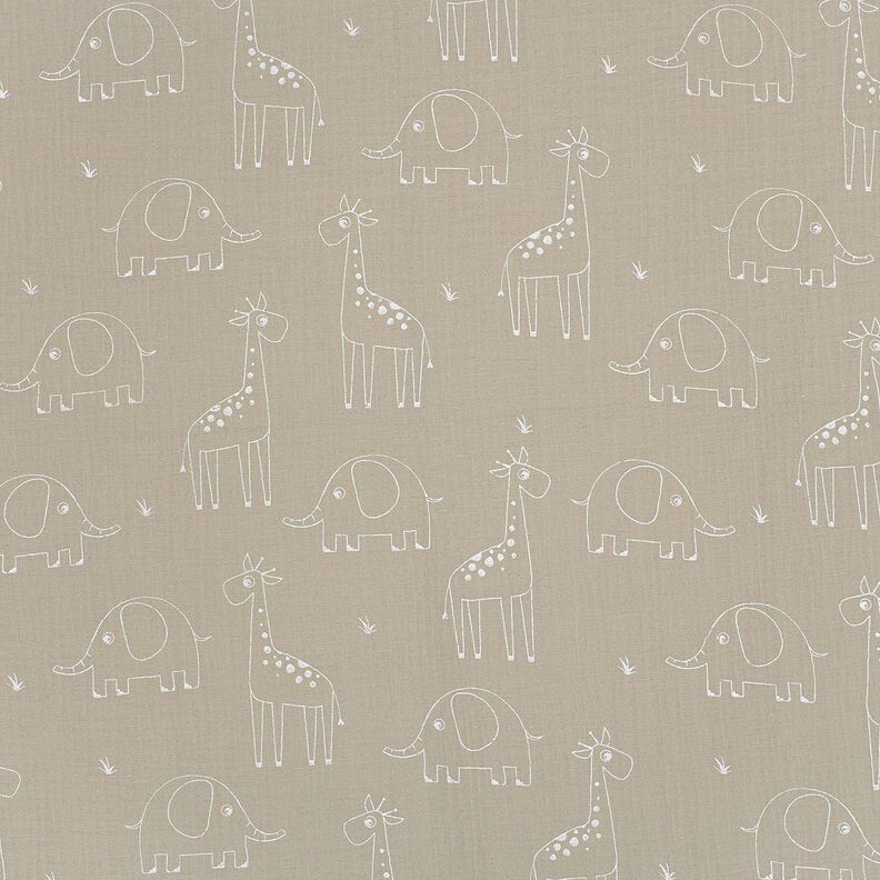 mussolina / tessuto doppio increspato Grandi giraffe ed elefanti – grigio seta,  image number 1