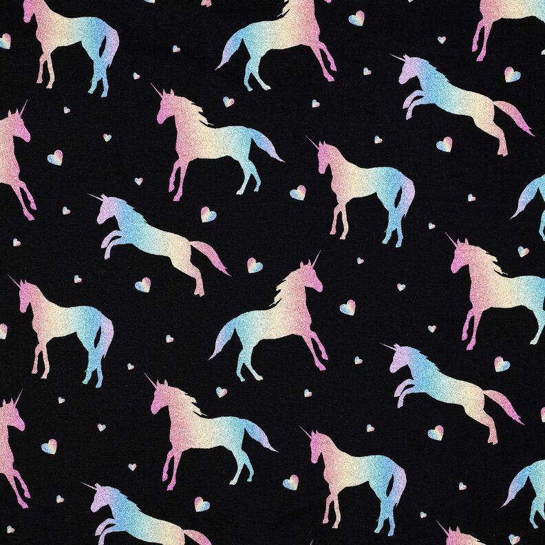 jersey di cotone Unicorni arcobaleno stampa digitale | Poppy Fabrics – nero, image number 1