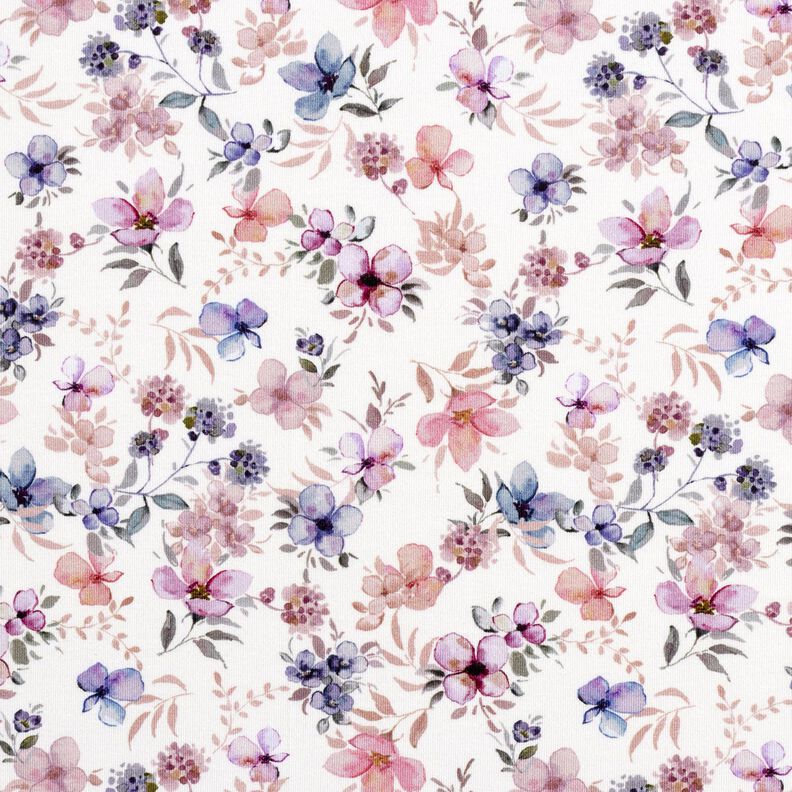 GOTS jersey di cotone Fiori ad acquerello stampa digitale – bianco lana/violetto pastello,  image number 1