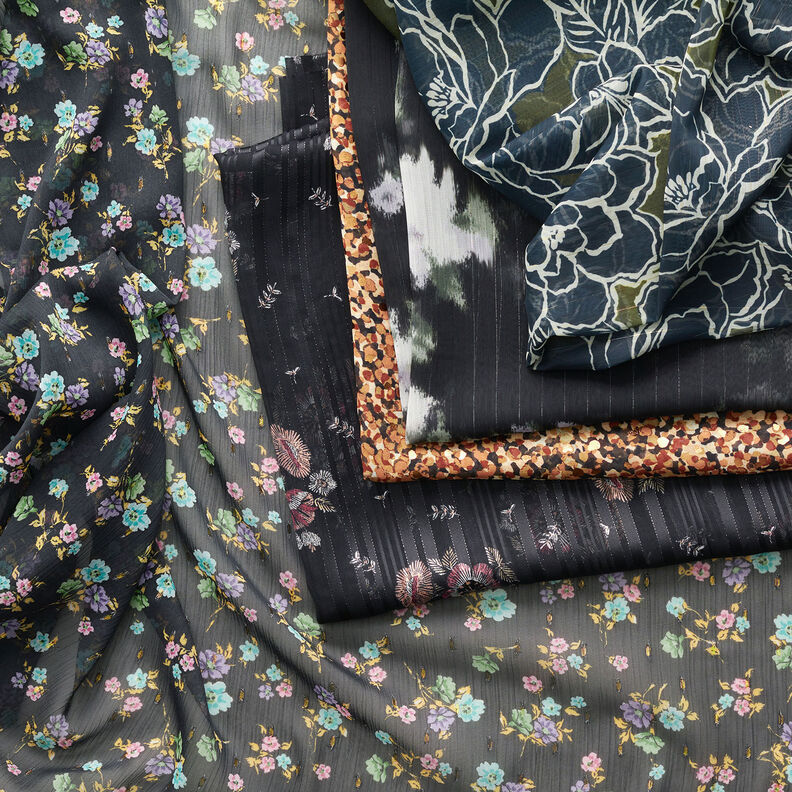 Chiffon increspato con fiori grandi – blu marino/cachi, image number 6