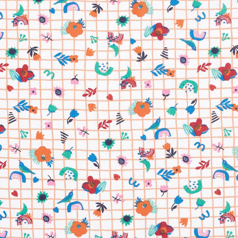 tessuto in cotone cretonne quadri e fiorellini – bianco/menta piperita,  image number 1