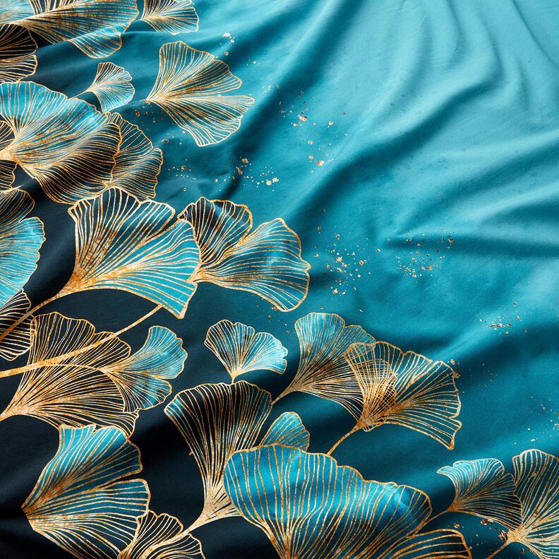 jersey di cotone Tessuto per bordi con foglie di Ginkgo dorate | Glitzerpüppi – nero/turchese,  image number 1