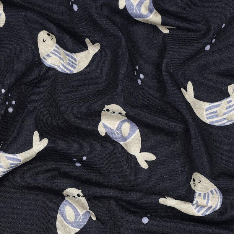 GOTS jersey di cotone Foche stampa digitale | Poppy Fabrics – blu notte/anemone, image number 2