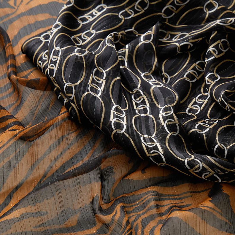 Chiffon gessato glitterato con tigre stampata – nero/rame,  image number 5