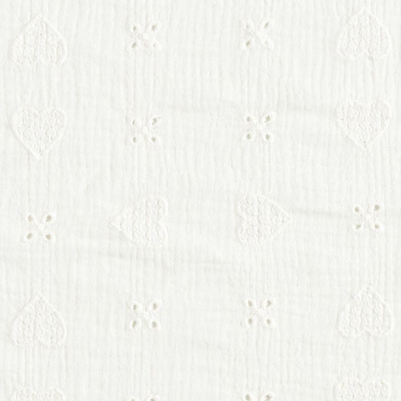 mussolina / tessuto doppio increspato ricami a giorno Cuori – bianco lana,  image number 1