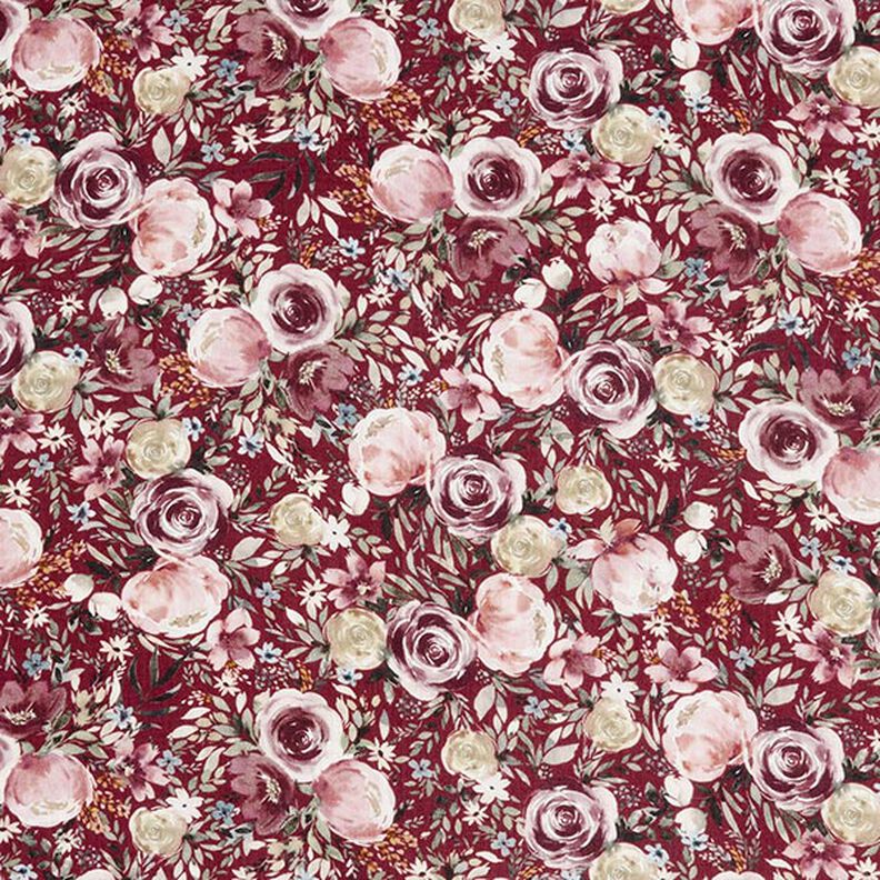 mussolina / tessuto doppio increspato rose acquerello stampa digitale – rosso Bordeaux,  image number 1