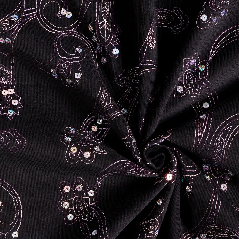 Velluto a costine con fiori ricamati in pailletes – nero,  image number 3