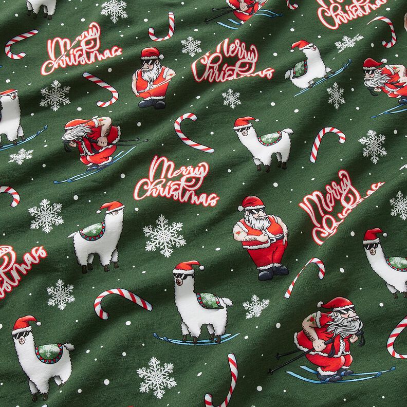 French terry, felpa estiva Babbo Natale e Lama | Glitzerpüppi – verde abete/peperoncino, image number 2