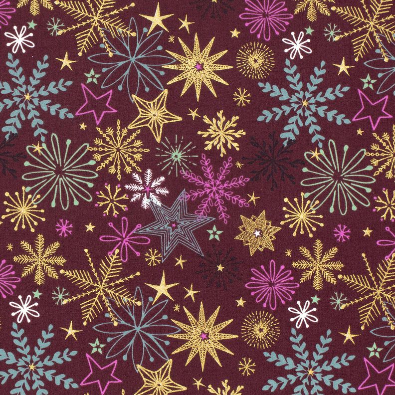 tessuto in cotone popeline Mix di stelle – rosso Bordeaux/oro, image number 1
