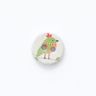 bottone con uccellino, 2 fori [ Ø 15 mm ] – bianco lana/verde, 