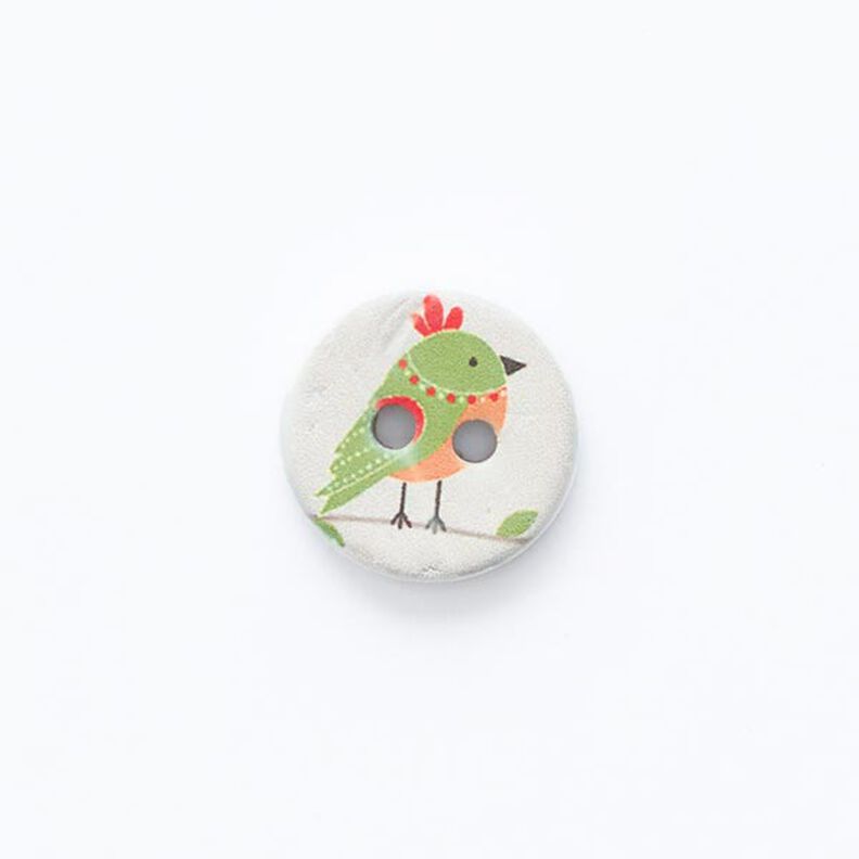 bottone con uccellino, 2 fori [ Ø 15 mm ] – bianco lana/verde,  image number 1