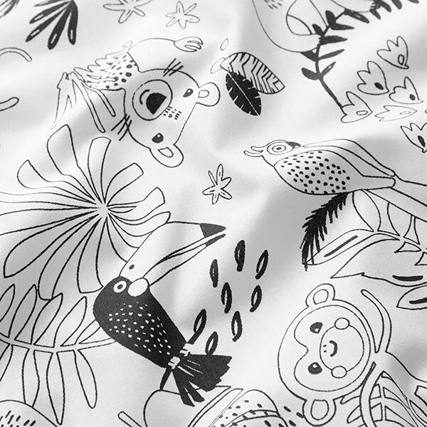 popeline di cotone tessuto da colorare, pappagalli – bianco/nero,  image number 2