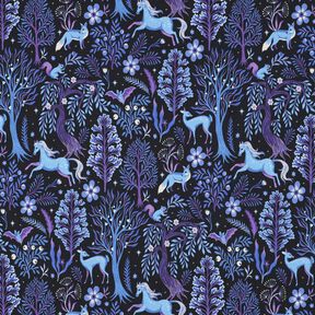 French terry, felpa estiva foresta incantata stampa digitale | Poppy Fabrics – nero-azzurro/lillà,  French terry, felpa estiva foresta incantata stampa digitale | Poppy Fabrics – nero-azzurro/lillà,