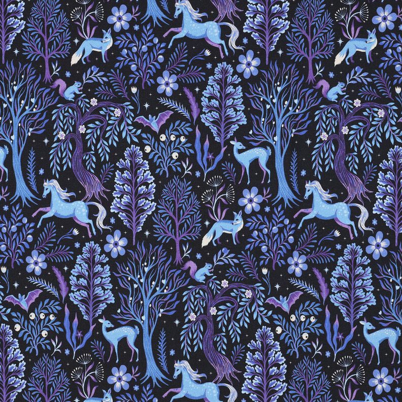 French terry, felpa estiva foresta incantata stampa digitale | Poppy Fabrics – nero-azzurro/lillà,  image number 1