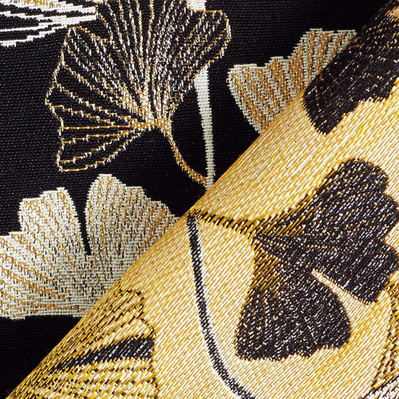 tessuto arredo Jacquard foglie di ginkgo – nero/oro,  image number 5
