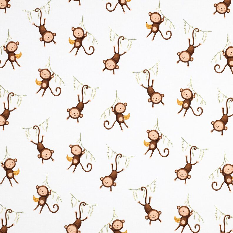 GOTS jersey di cotone scimmie nella giungla stampa digitale | Poppy Fabrics – bianco/marrone scuro, image number 1