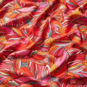 Tessuto in viscosa per abbigliamento da spiaggia con pavoni e fiori – arancione/rosso borgogna, 