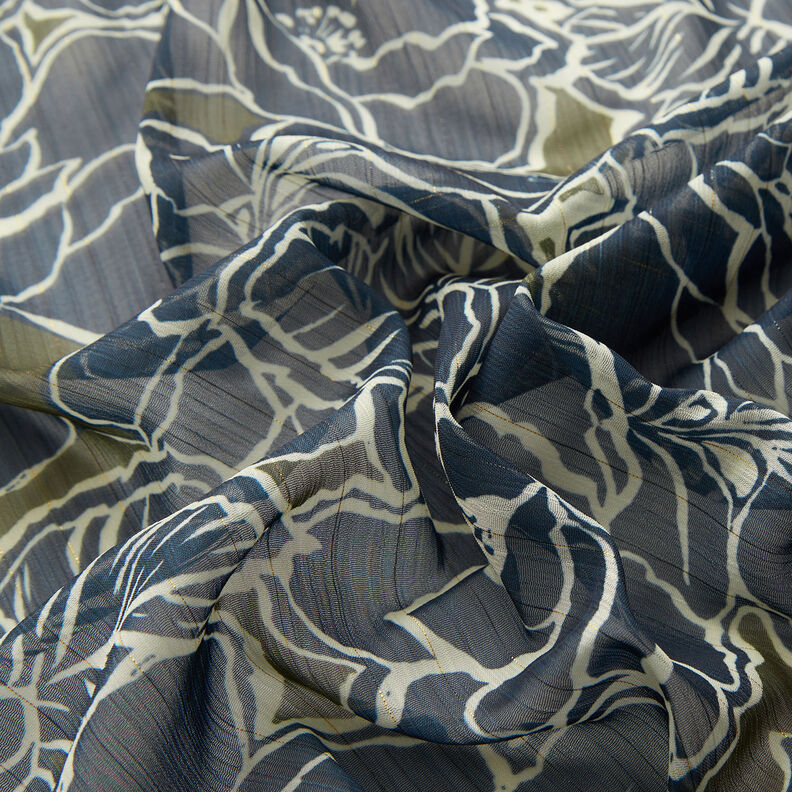 Chiffon increspato con fiori grandi – blu marino/cachi, image number 2