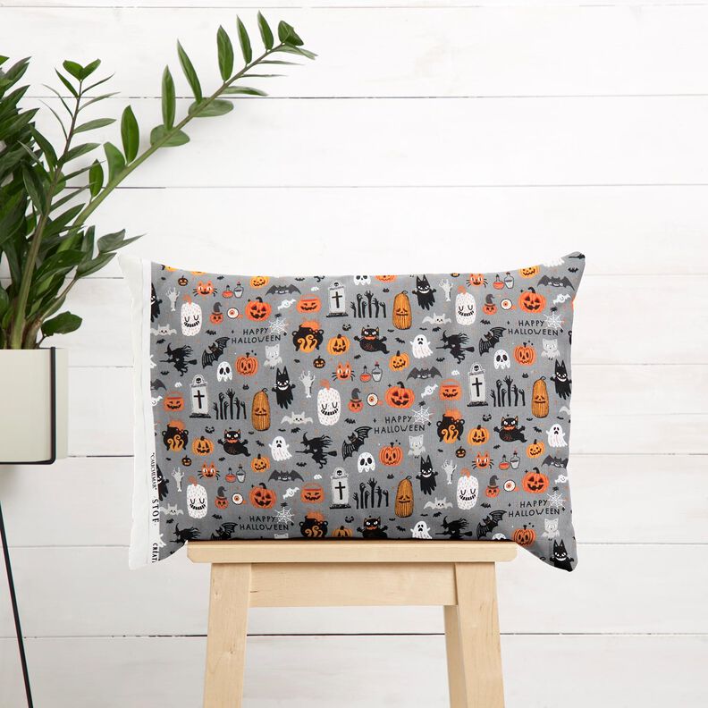tessuto in cotone popeline Happy Halloween – grigio elefante/arancio chiaro, image number 5
